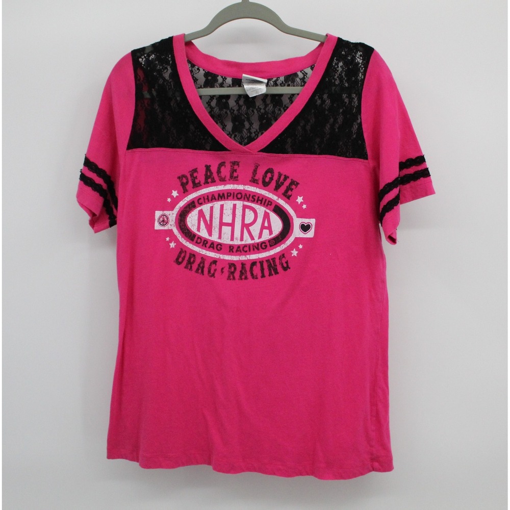 VTG Main Gate NHRA Drag Racing Pink Lace V-Neck Graphic Tee Womens 2XL